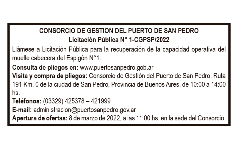 [Publicación Oficial] Consorcio de Gestión del Puerto de San Pedro: Licitación Pública N°1-CGPSP/2022
