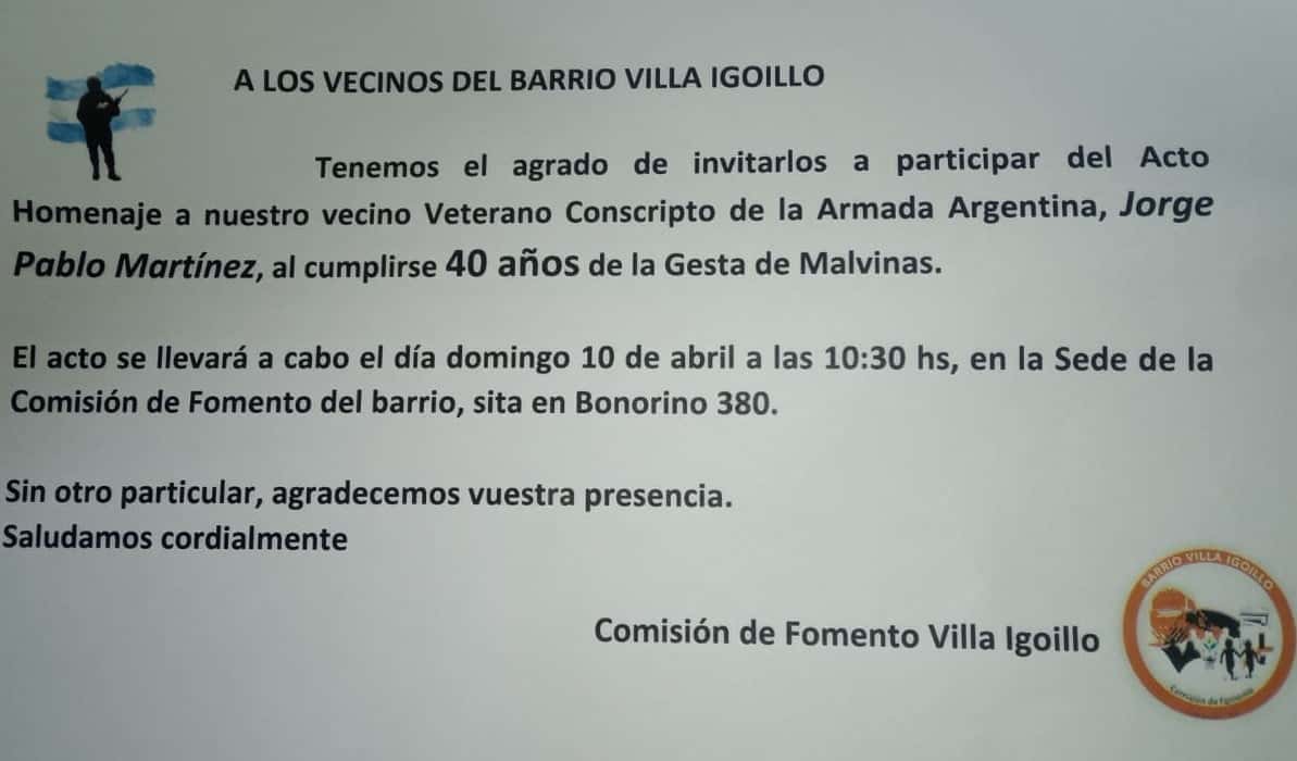 Villa Igoillo homenajea al veterano y vecino Jorge Pablo Martínez