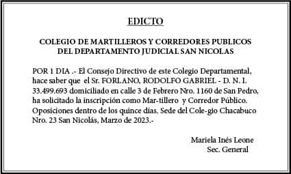 EDICTO: Inscripción de FORLANO, RODOLFO GABRIEL como Martillero y Corredor Público