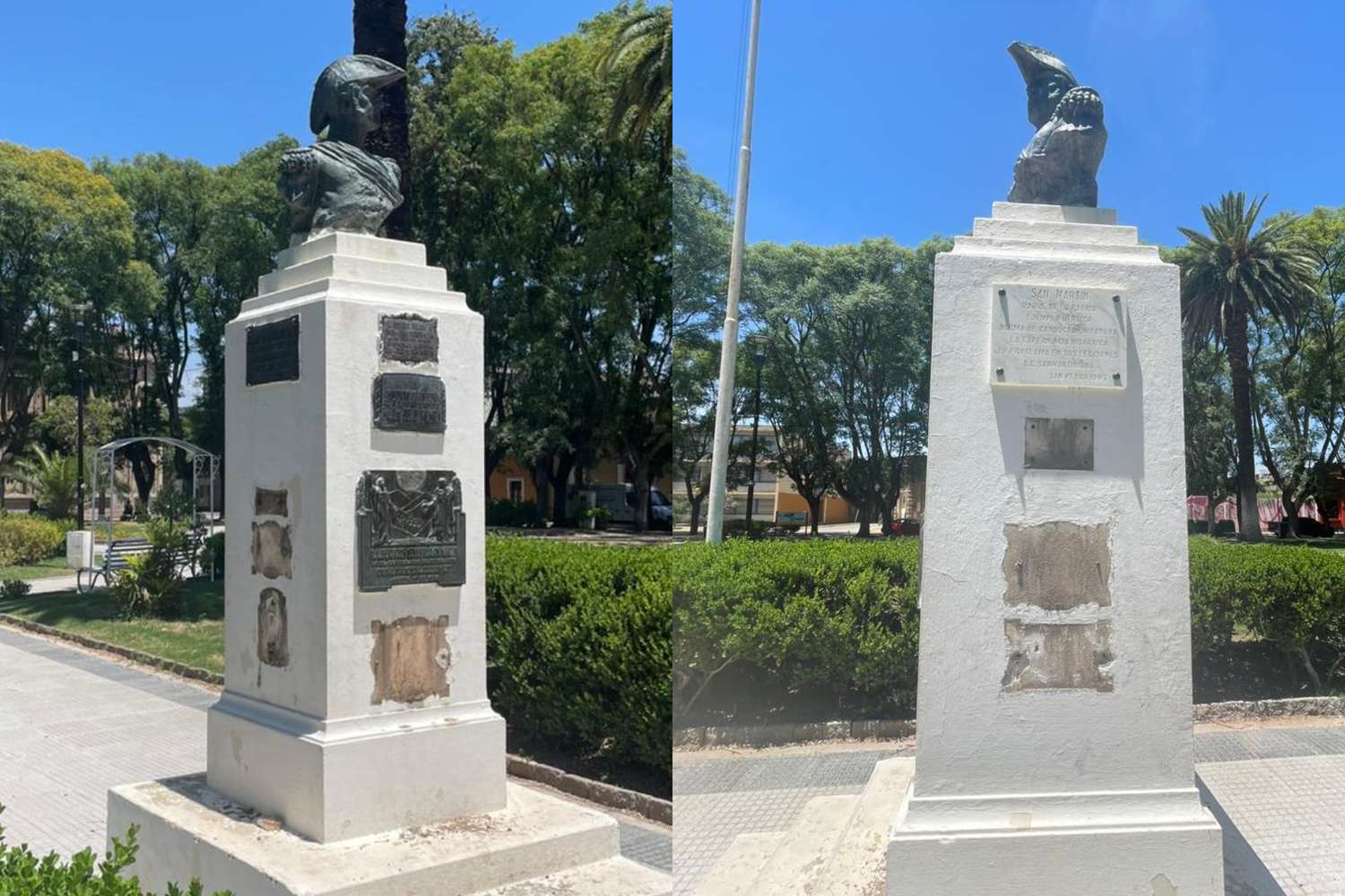 Ya son siete las placas de bronce que faltan en el busto de San Martín en plaza Constitución