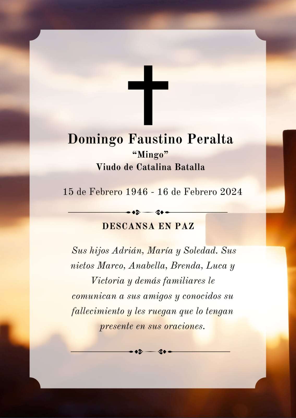 Obituario Domingo Faustino Peralta