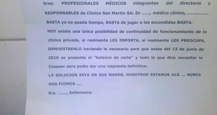 Clínica San Martín: Empleados exigen que un contador firme el “balance de corte” que pide Coopser