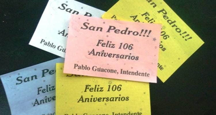 106 años de San Pedro Ciudad: Arrojaron volantes oficiales mal escritos
