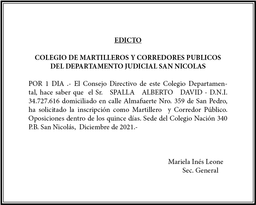 Edicto: Colegio de Martilleros y Corredores Públicos del Departamento Judicial de San Nicolás
