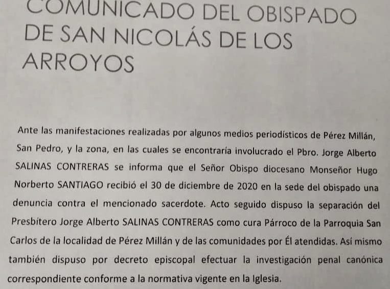El obispado de San Nicolás confirmó la salida del cura Jorge Salinas, denunciado por abuso sexual