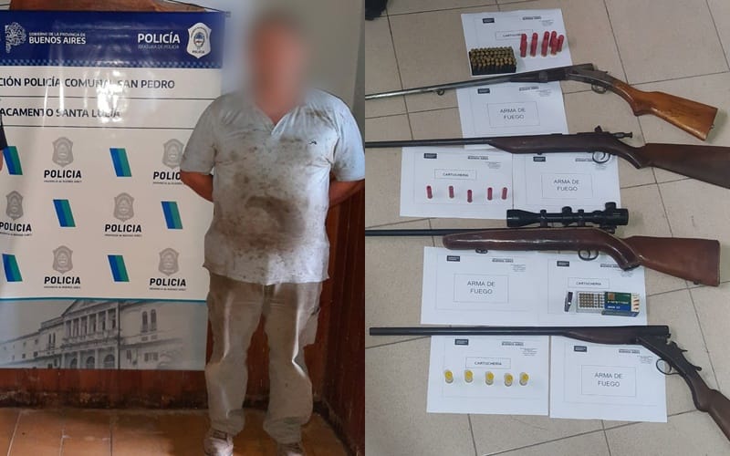 Santa Lucía: detuvieron a un hombre que tenía en su casa tres escopetas, una carabina y más de 100 cartuchos