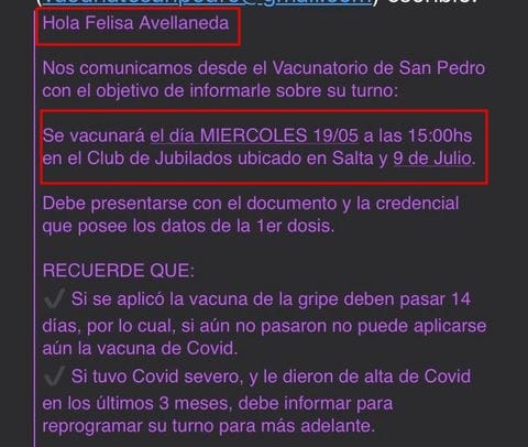 Felisa Avellaneda tiene turno para vacunarse contra el Covid-19 este miércoles