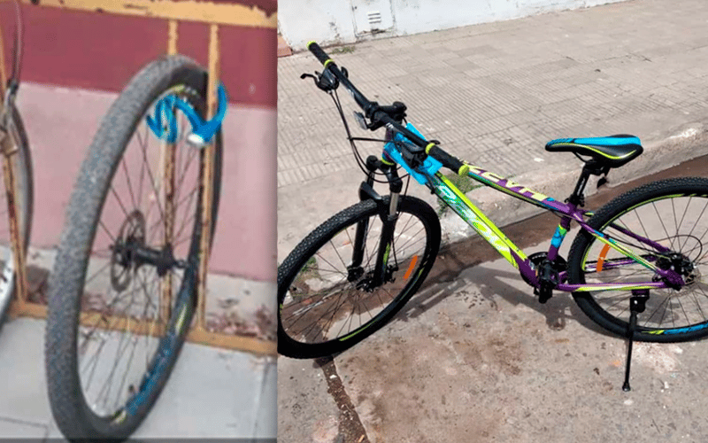 Bicicleta robada fuera del Industrial: dejaron la rueda atada y se llevaron el resto