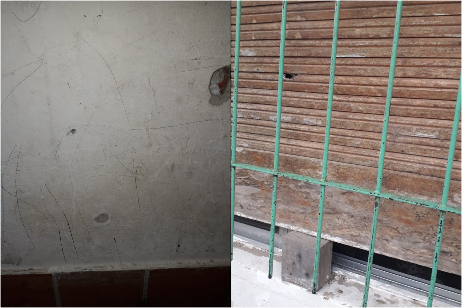A la izquierda, el impacto de bala en la pared; a la derecha, en la ventana.