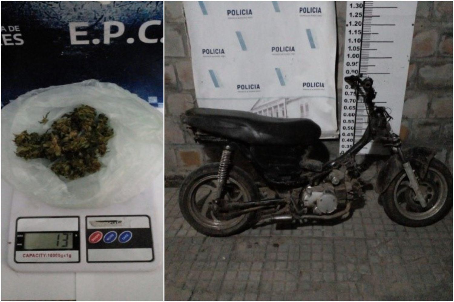 La moto y la marihuana secuestradas por la policía.